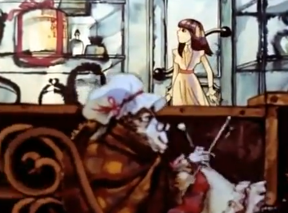 Кадр из мультфильма. Лавка с "текучими" вещами.