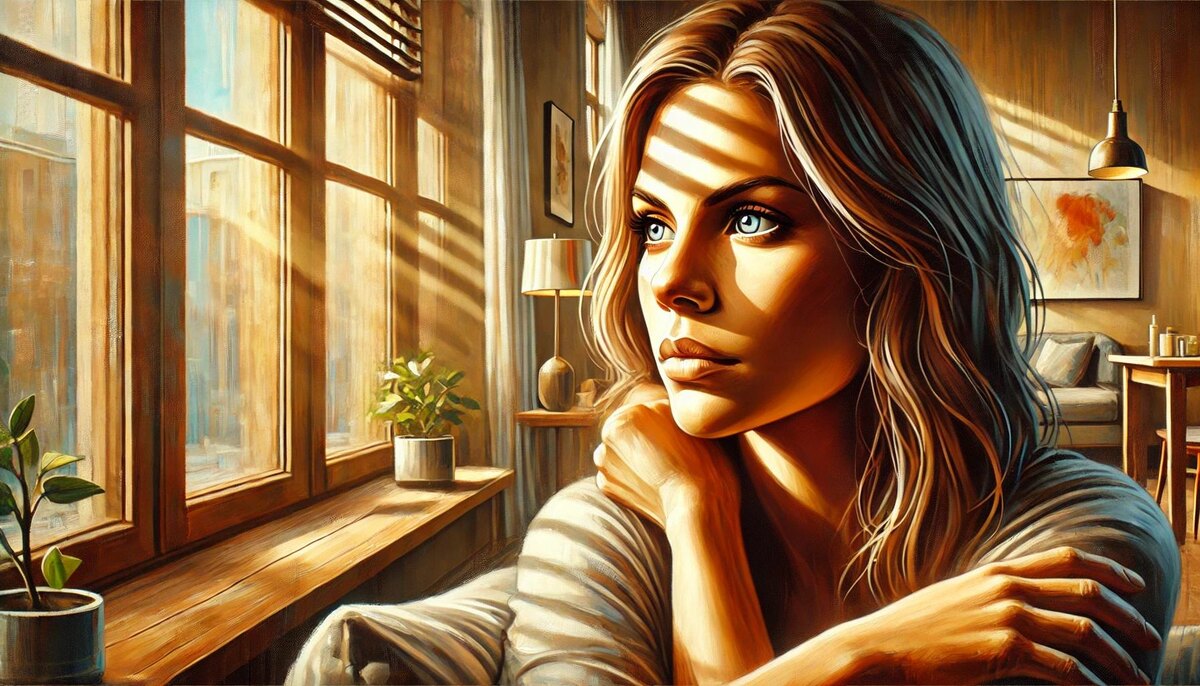 Женщина задумчиво смотрит в окно.
