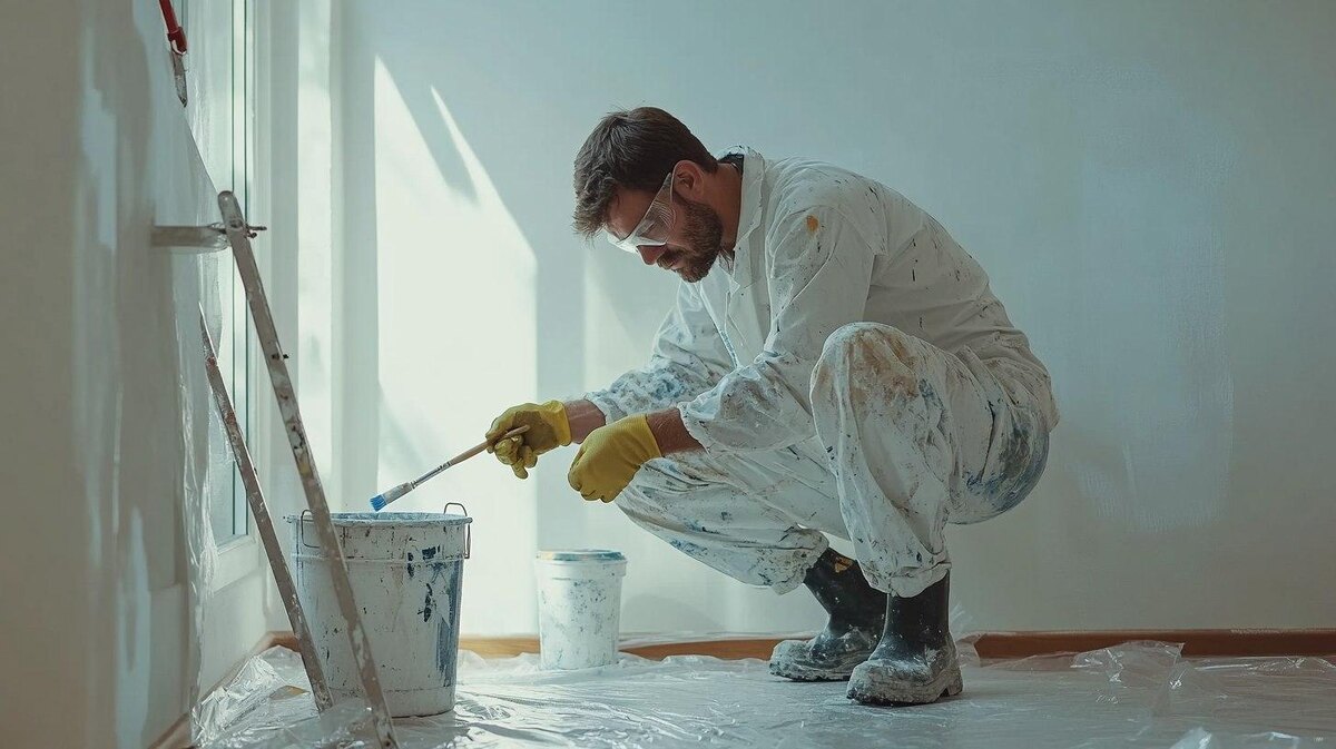 Маляр в рабочей одежде использует краску для покраски стен в светлом интерьере.