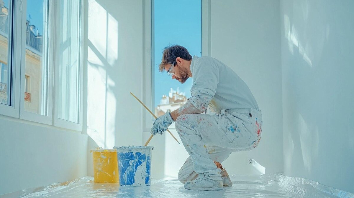 Маляр в светлом интерьере готовит краску для покраски стен в рабочей одежде.
