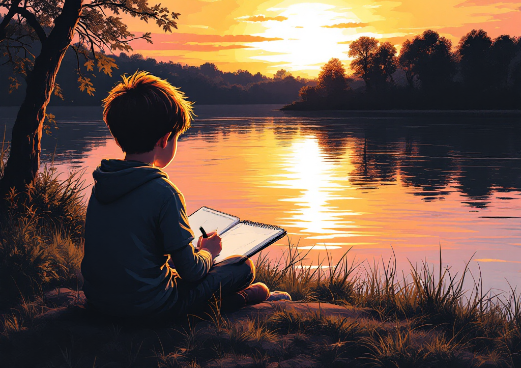 Роман рисует на закате