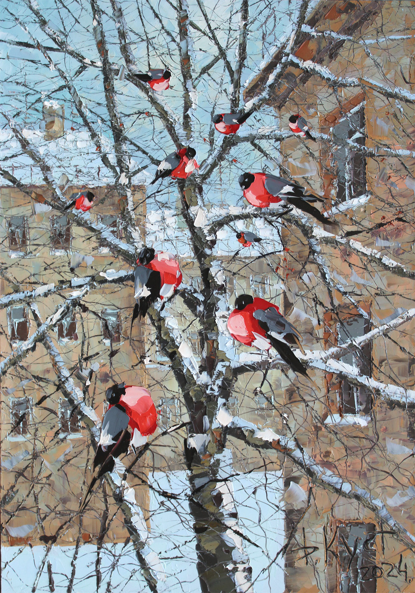 Кустанович Дмитрий, «Снегири», 100,0 x 70,0 см, холст, масло, dkust.com