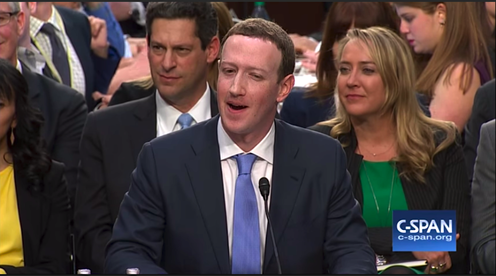 Цукерберг дает показания в Конгрессе, апрель 2018 года. (Cspan.org screeshot)