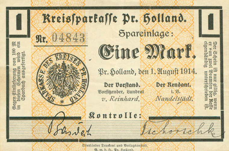 Нотгельд сберегательного банка района Прусской Голландии в Восточной Пруссии на 1 марку (1914 год)