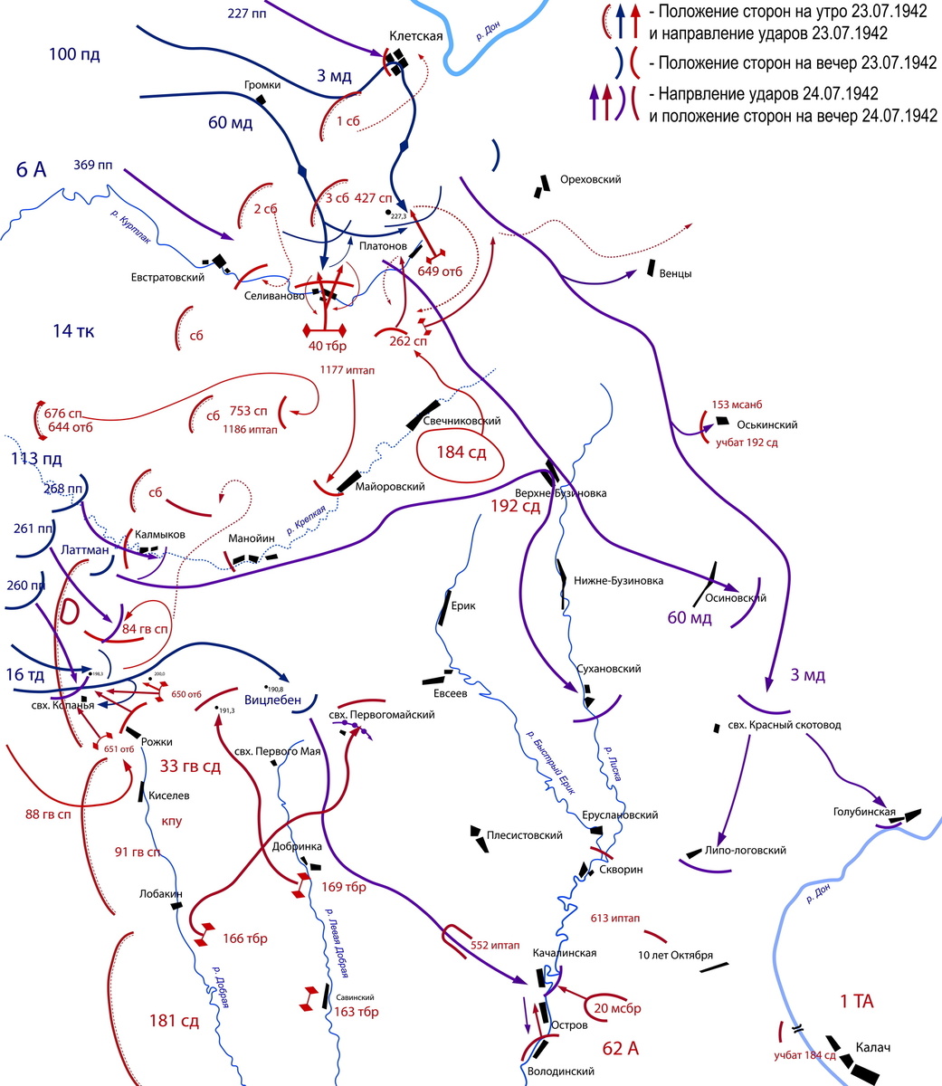Схема боевых действий в излучине Дона на подступах к Калачу 23-24 июля 1942 года
