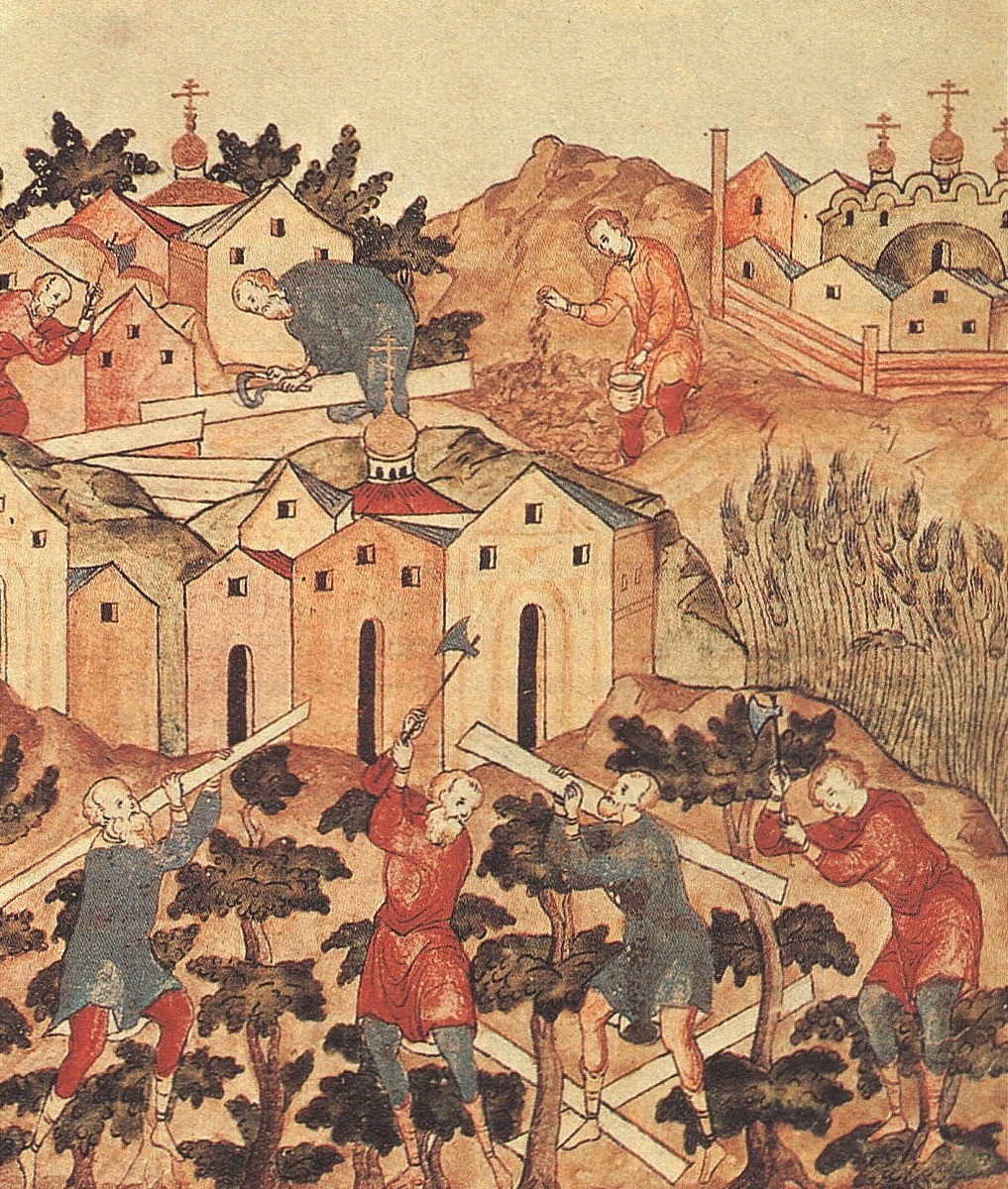 Закладка Воскресенского собора Деревяницкого монастыря. Миниатюра Летописного лицевого свода, середина XVI в.