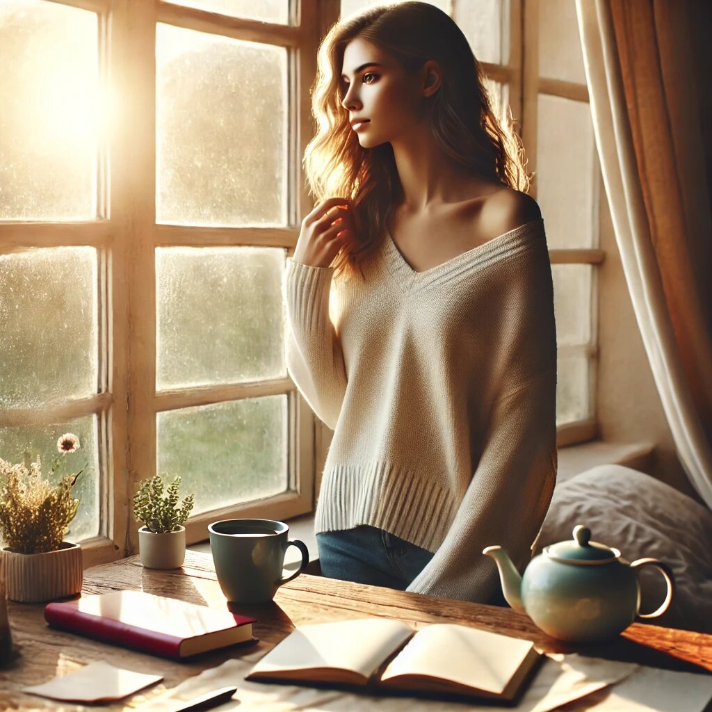 светло, девушка в хорошем настроении, смотрит в окно