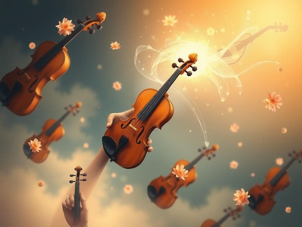 скрипки, лотосы, яркое фото