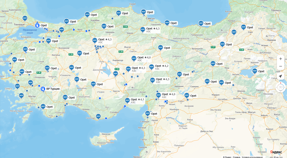Поисковый запрос "АЗС Opet" на Яндекс. Картах