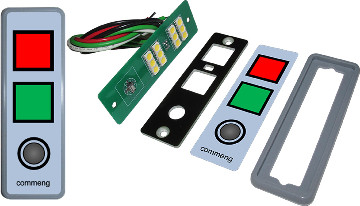 Панель управления дверьми шлюзов и передаточными окнами  Commeng CR IP-2004. Слева – панель, установленная на поверхности. Слева – комплект поставки. Источник изображения [1].