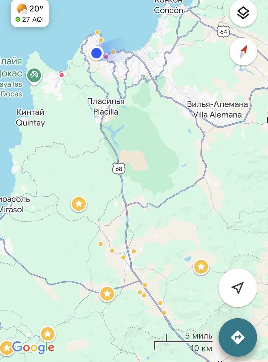 Желтые метки в нижней части карты - точки и звездочки - это винодельни. Мы - это синяя точка - город Вальпараисо.
