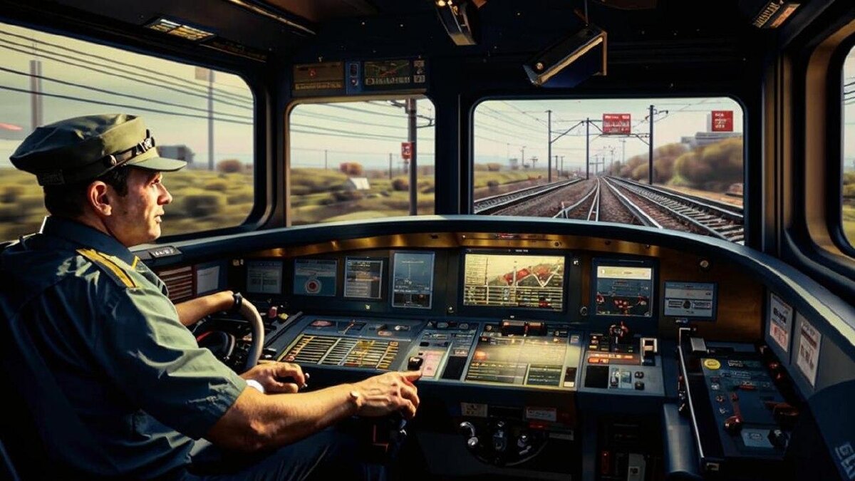 Машинист электропоезда за пультом управления, готовящийся к поездке. Обучение и удостоверение.
