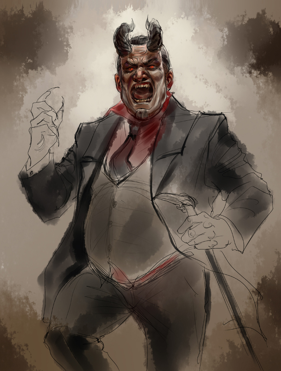 Промежуточный вариант работы, набросок формы плюс начальный покрас, акварельная техника. Тут он ещё не особо на себя похож х) Пятнами намечены будущие бесы в углах.