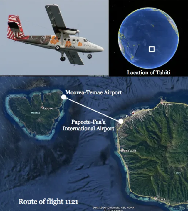 Самолёт Air Moorea Twin Otter и маршрут рейса 1121. Источники изображений: Пол Спайкерс и Google
