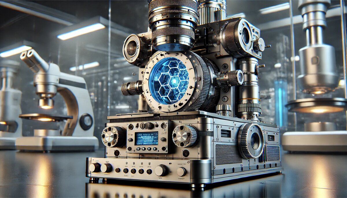 Так ИИ представляет себе просвечивающий электронный микроскоп - за исключением множества ручек, ничего общего с реальностью...