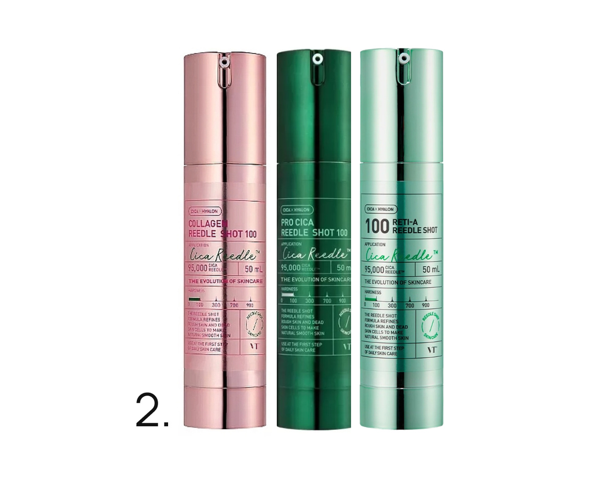 VT Cosmetics Shot 100 — количество спикул одинаковое, розовая с коллагеном, темно-зеленая с центеллой, светло-зеленая с HPR (гидроксипинаколона ретиноат), цена ≈ 5000₽