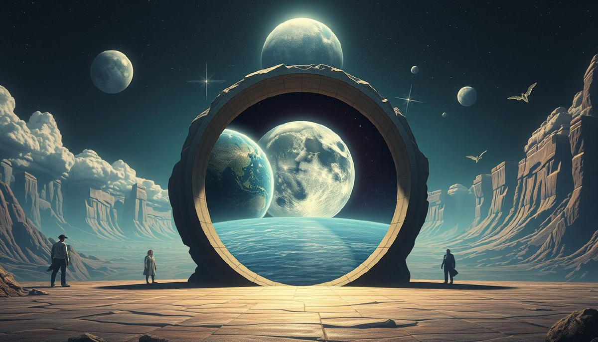 "Портал между измерениями в момент открытия. Через него видны альтернативные версии Земли и странные геометрические ландшафты других вселенных."