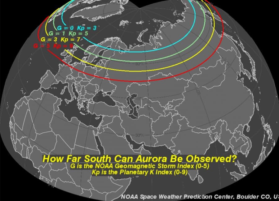 Расширение аврорального круга в зависимости от силы магнитной бури, где КР-9 - экстремальная магнитная буря.