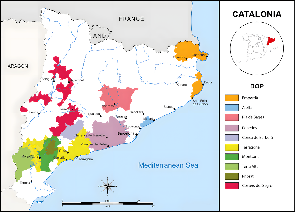 Винодельческая карта региона Каталония, Испания