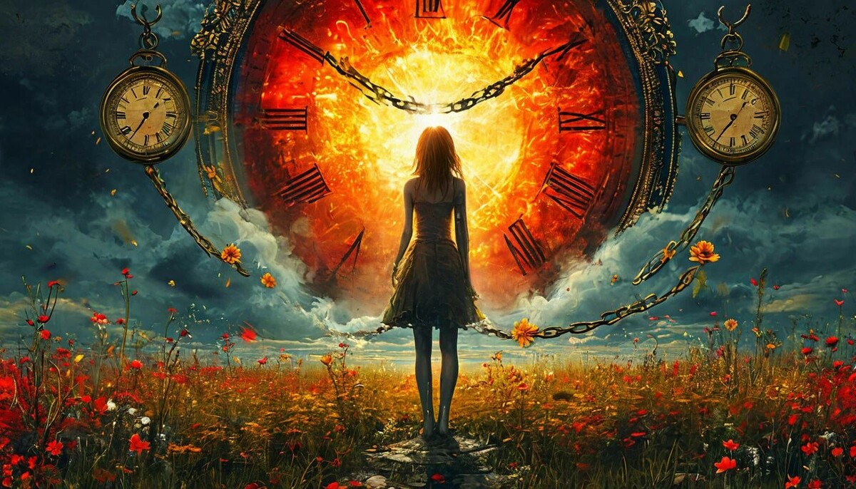 Иллюстрация в стиле сюрреализма: женщина стоит на границе между двумя мирами — тёмным, где виднеется силуэт её бывшего, и светлым, где сияет солнце и растут цветы. В её руках — разорванная цепочка, символизирующая связь с прошлым. На заднем плане — часы, которые показывают разное время, как символ уходящего прошлого и нового будущего. Стиль: контрастные тона (тёмные и светлые), с акцентами красного и золотого, сочетание реализма и абстракции. Настроение: загадочное, эмоциональное, с ощущением перехода и внутреннего конфликта.