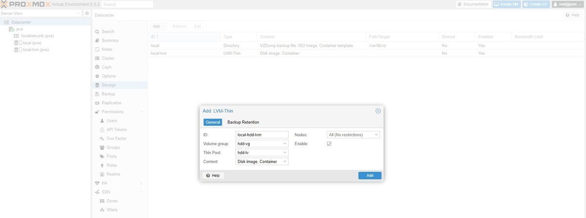 После установки HDD добавлю его как новый LVM-Thin