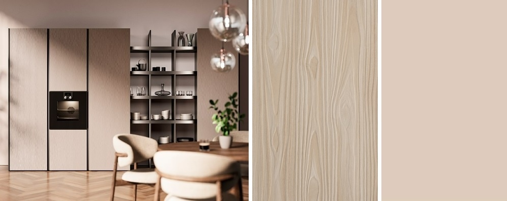 Кухонные колонны с профилем гола. Источник: leicht.com. TSS-панель Cleaf «Окобо Накано»,  ЛДСП Egger «Кашемир серый»