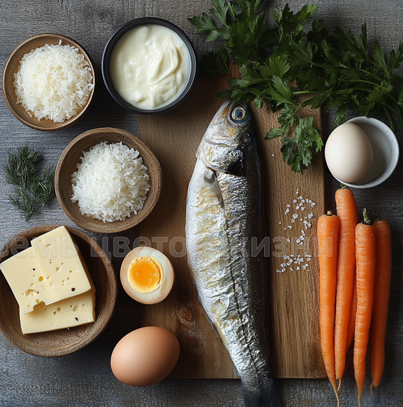 Подготовленные ингредиенты для слоёного салата с селёдкой – ключ к идеальному вкусу