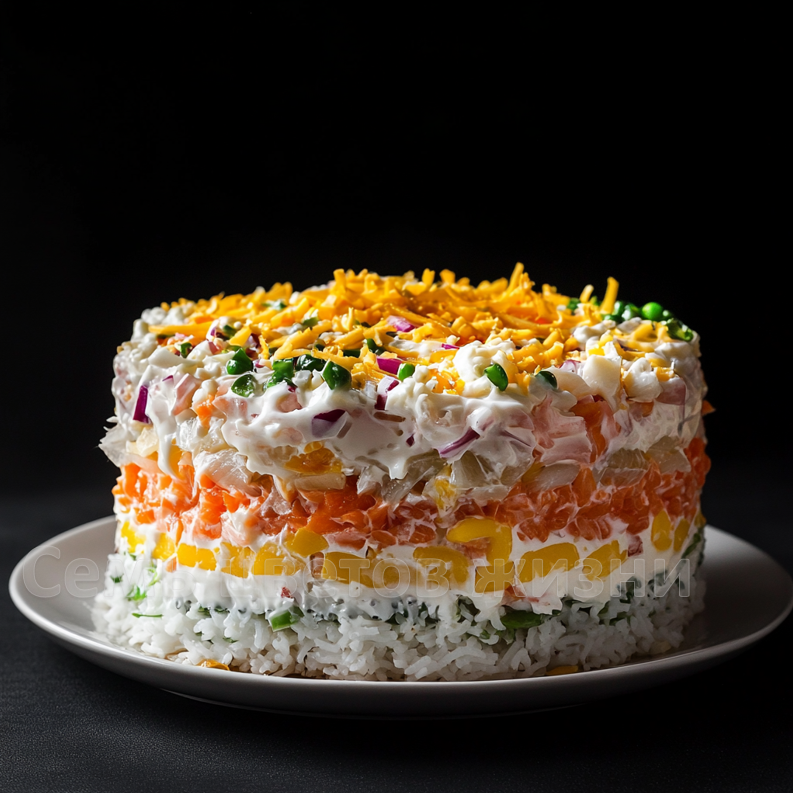 Этапы сборки слоёного салата – аккуратность придаст блюду красивый вид.