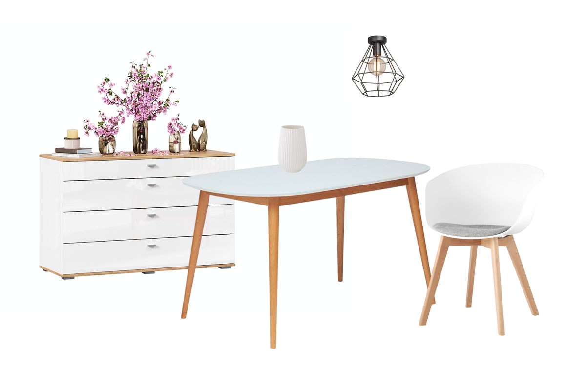 Комод «Фиджи» — 33 899* рублей, обеденный стол Max размером 140 на 80 сантиметров — 22 765* рублей, полукресло Libra — 8990* рублей, потолочный светильник Vitaluce — 2722* рубля, фарфоровая ваза Edge — 2122* рубля.