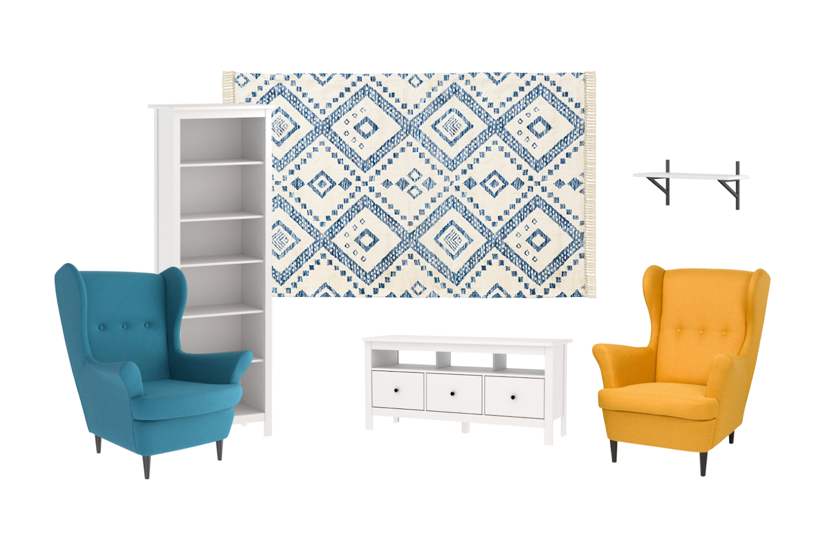 Кресло «Вало» — 19 999* рублей, ковер Ethnic Nagpur размером 230 на 160 сантиметров — 19 588* рублей, тумба под ТВ «Сага» — 13 999* рублей, стеллаж «Сага» — 12 999* рублей, подвесная полка «Бланко» — 2199* рублей.