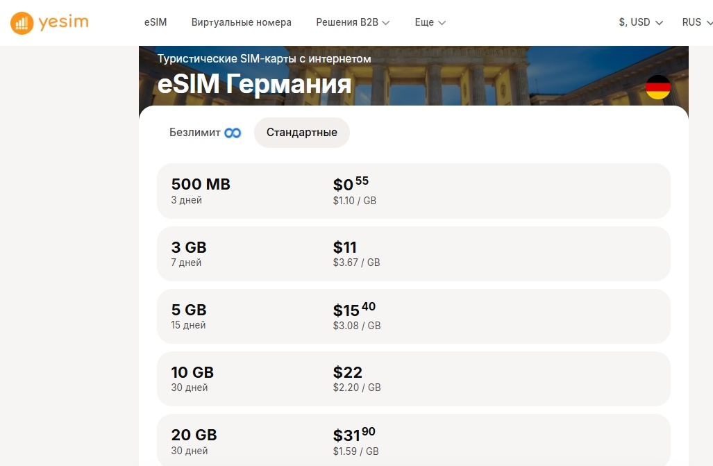 Тарифы для Германии