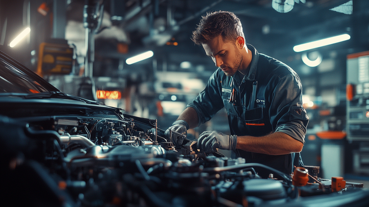 "Автослесарь в современной мастерской в Москве, занимается ремонтом автомобиля в профессиональной обстановке."