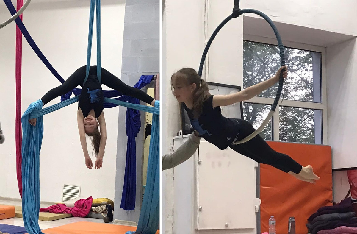 Дарья Сарымсакова на тренировке по воздушной гимнастике
