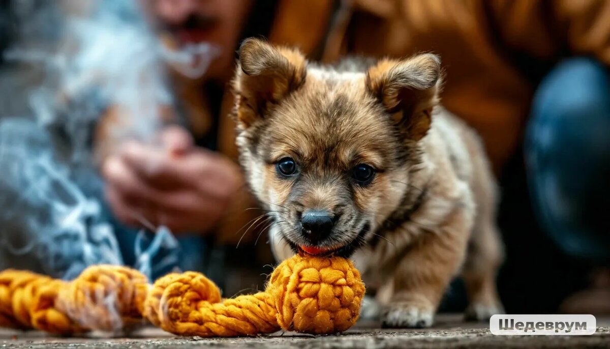 Продукты сгорания табака, в частности никотин, оседают на всём, с чем контактирует дым - в том числе на собачьих игрушках. Изображение: Шедеврум