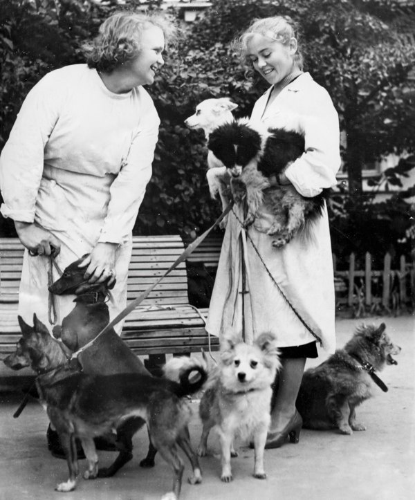 Сотрудники Института авиационной и космической медицины во время прогулки со своими подопечными