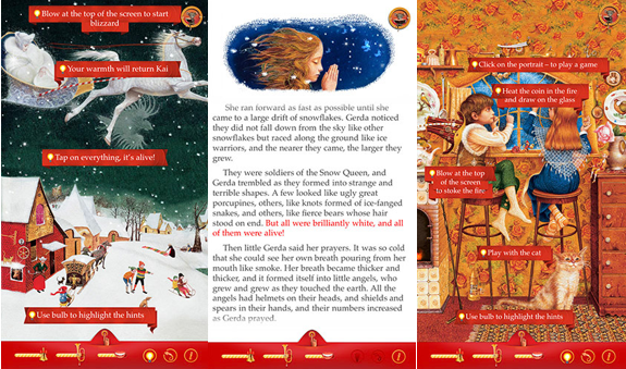 Рисунок 1. Скриншоты мобильного приложения книги-игры «Снежная Королева», Timecode, издательство: «А-БА-БА-ГА-ЛА-МА-ГА», иллюстратор: Владислав Ерко