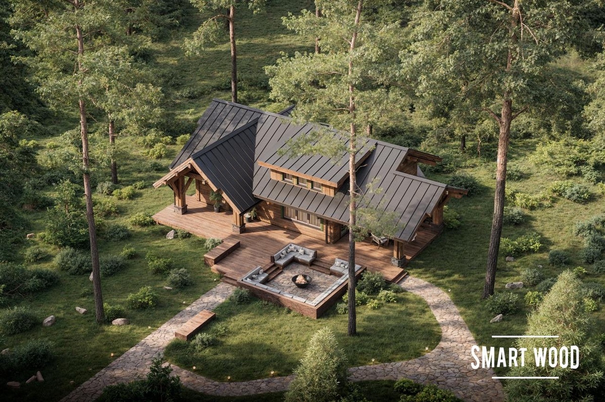 На визуализации проект бани с большой террасой 