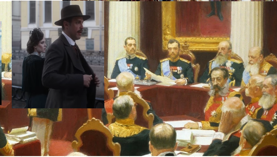 На фрагмент картины Репина "Заседание Государственного Совета" (1903) я добавил главных героев сериала "Столыпин" - максималистов Михаила Соколова (Павел Попов) и Наталья Климова (Стася Милославская). Первая русская революция.