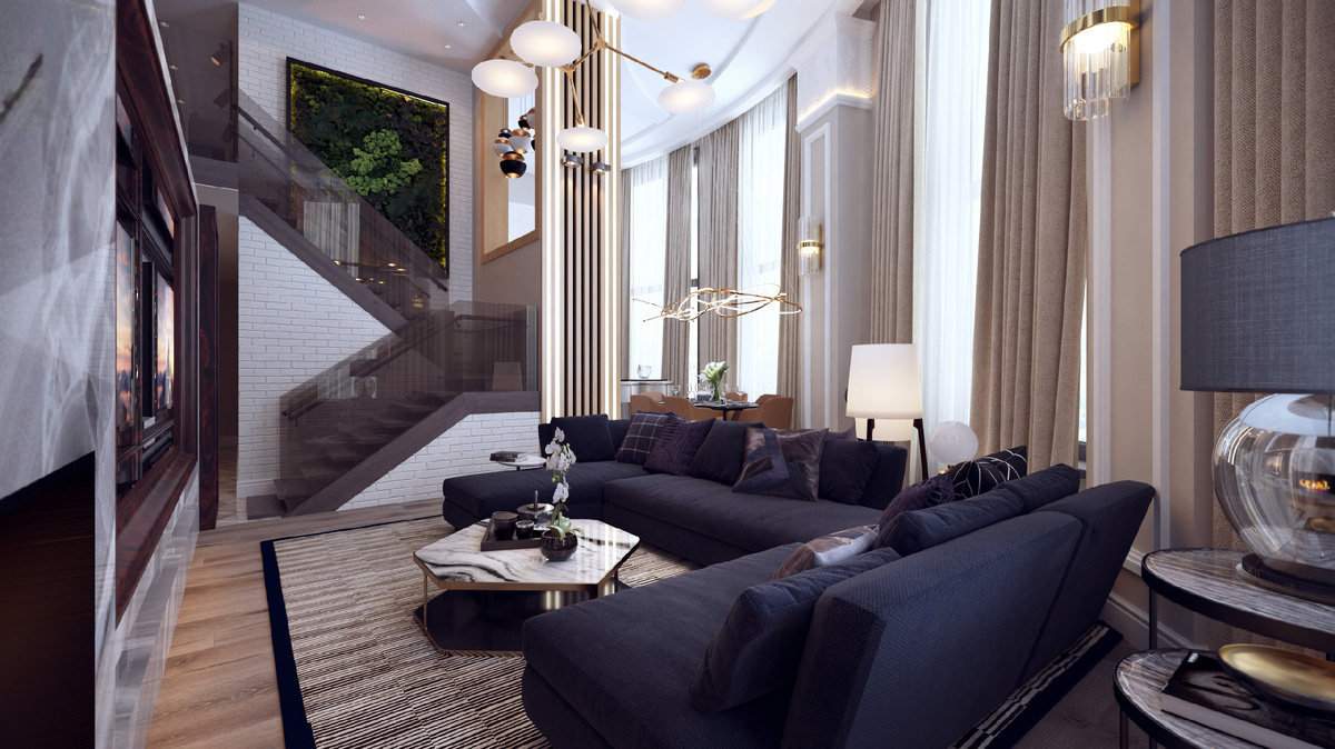 Общий вид гостиной и планы квартиры - листайте галерею вправо.