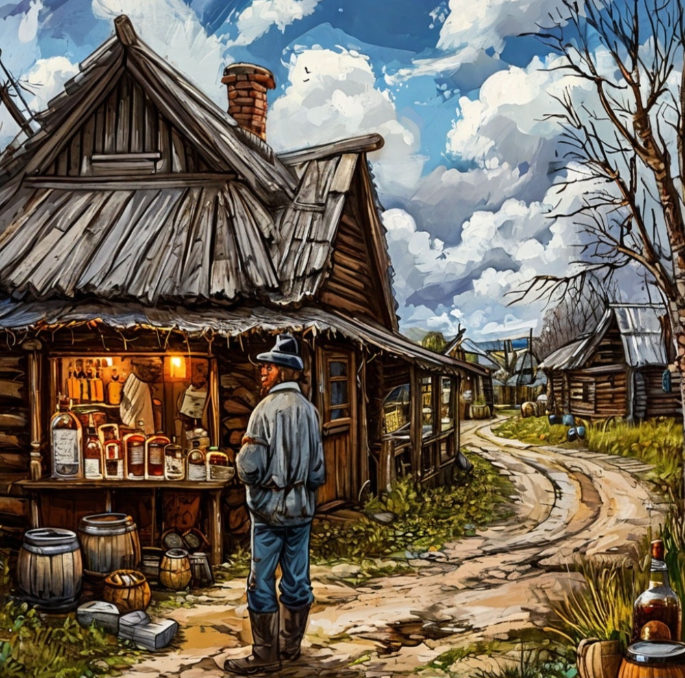 Продажа самогона из "подполы" в деревенской избе.