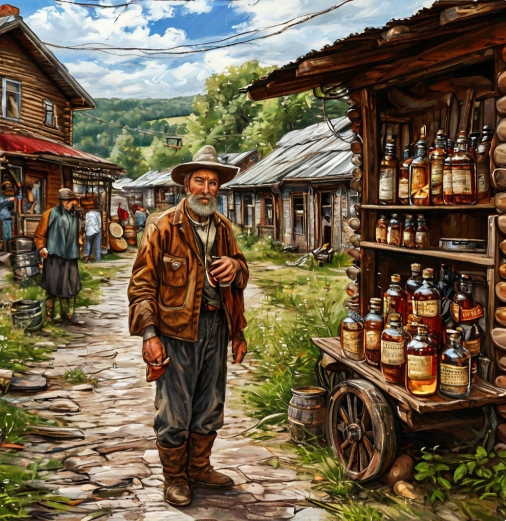 Продажа самогона на деревенской ярмарке.