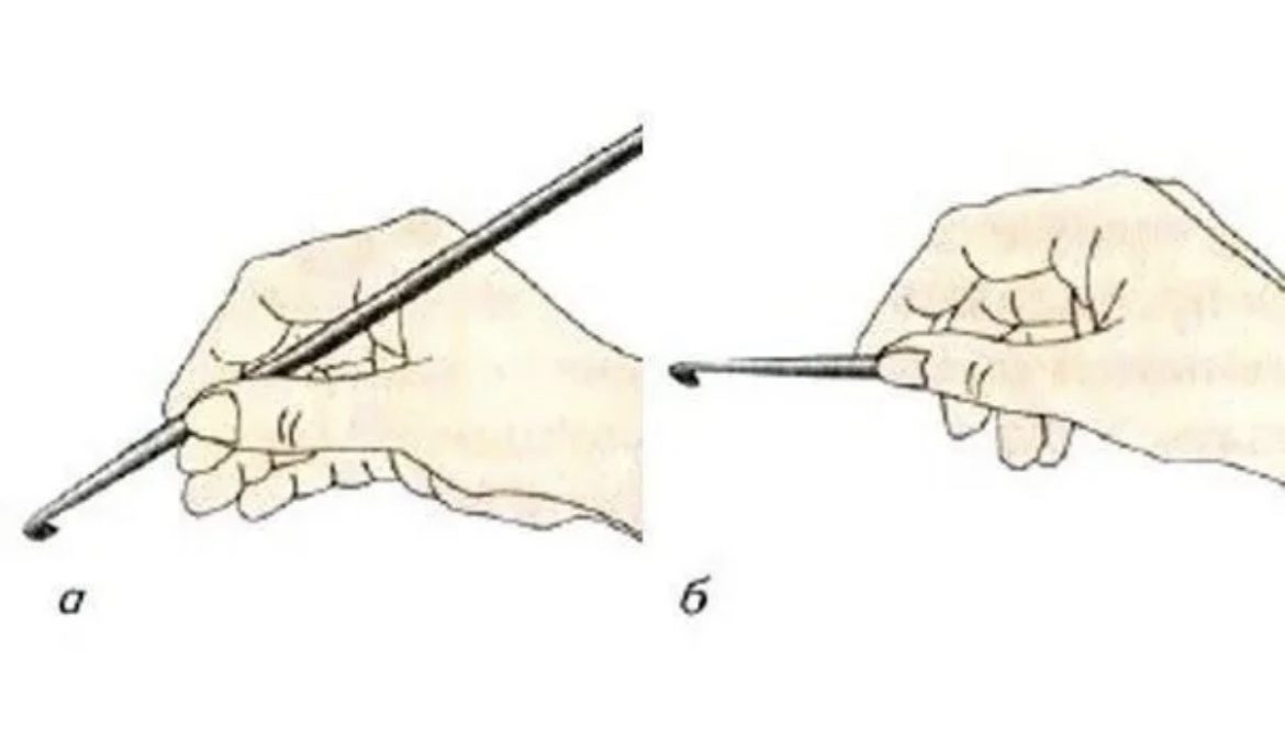 а. Держать крючок, как карандаш. б Держать крючок, как нож.