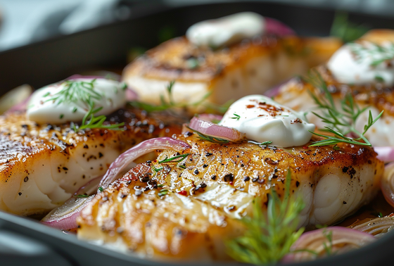    Минтай в сметане и луке на сковороде