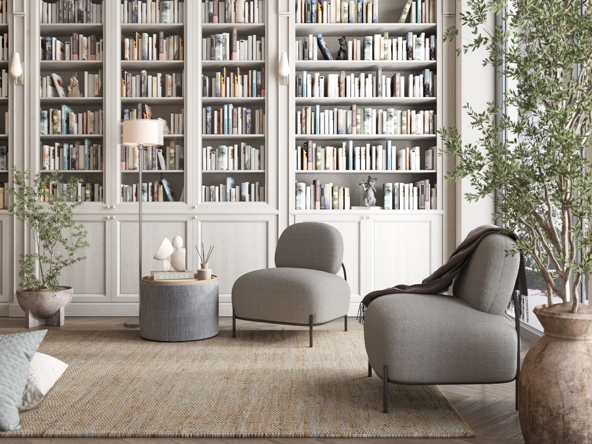 Кресло Стоун букле серый, Пуф-столик с ящиком Хюгге L рогожка серый, Торшер Moderli V10499-1F Room