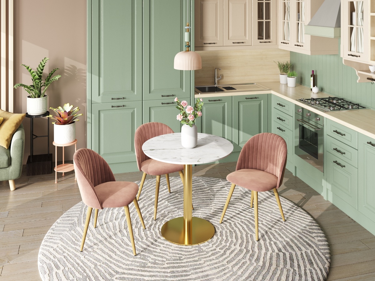 Весна: Стул Лион Страйпс, розовый, Стол обеденный Толедо D80 мрамор, Светильник подвесной Moderli V10903-P Charm
