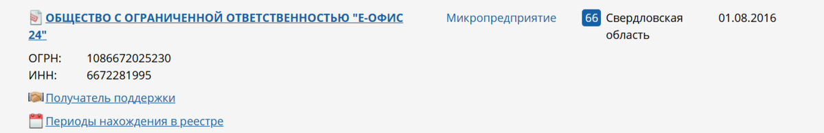 Поиск «Е-Офис 24» в реестре МСП