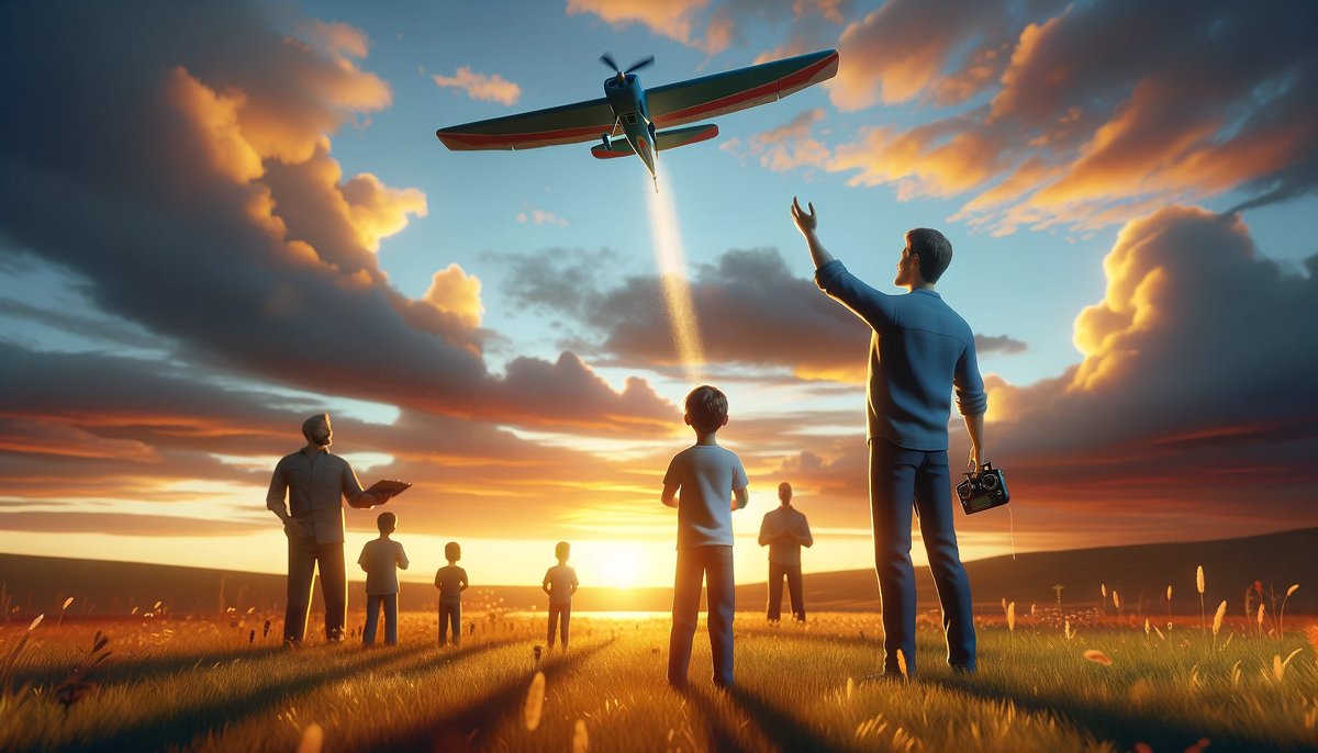 Михаил запускает свой радиоуправляемый самолёт