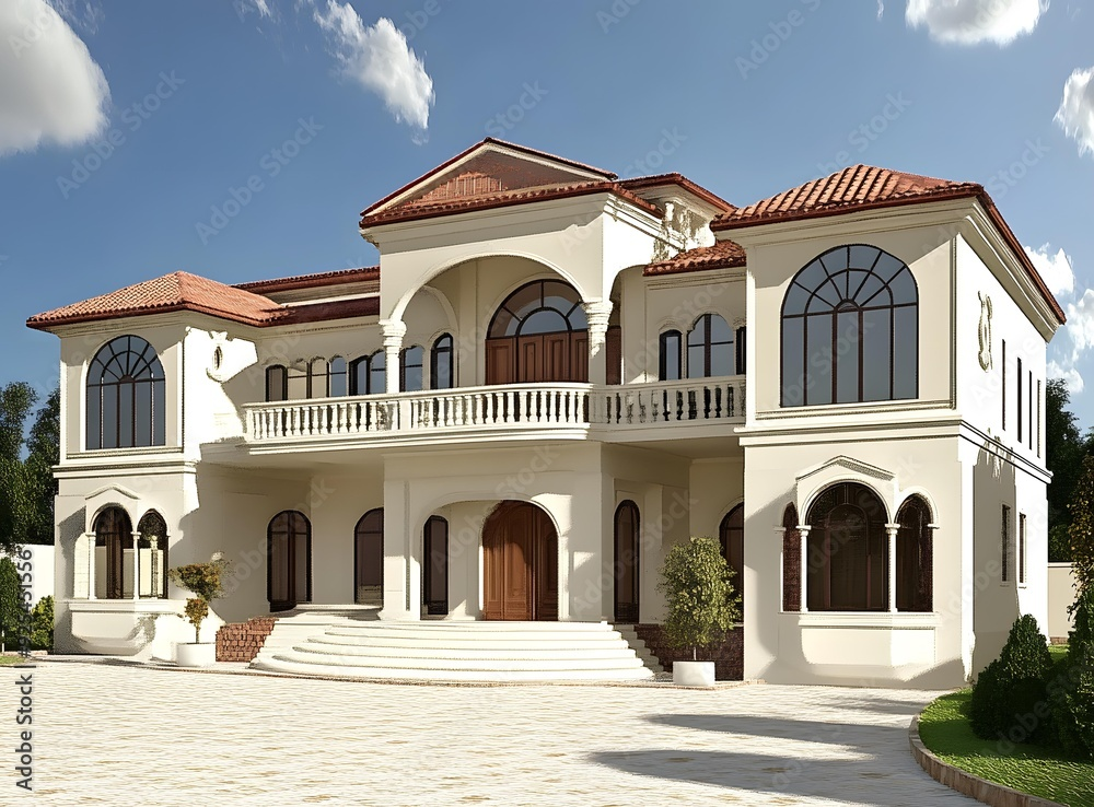 Современный классический фасад с ухоженной территорией после небольшого благоустройства