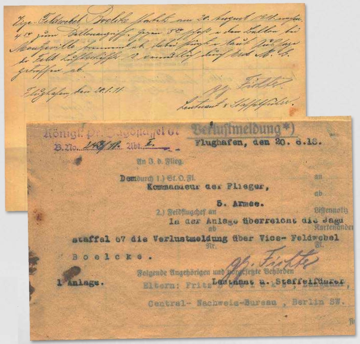 донесение 67-й истребительной эскадрильи о потерях, в котором сообщалось о сбитии самолета вице-фельдфебеля Тило Бёльке, который не вернулся после атаки на привязной аэростат