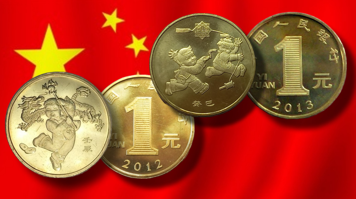 Монеты 1 юань из серии «Китайский гороскоп» 2003-2014г. «Год дракона» и «Год змеи».